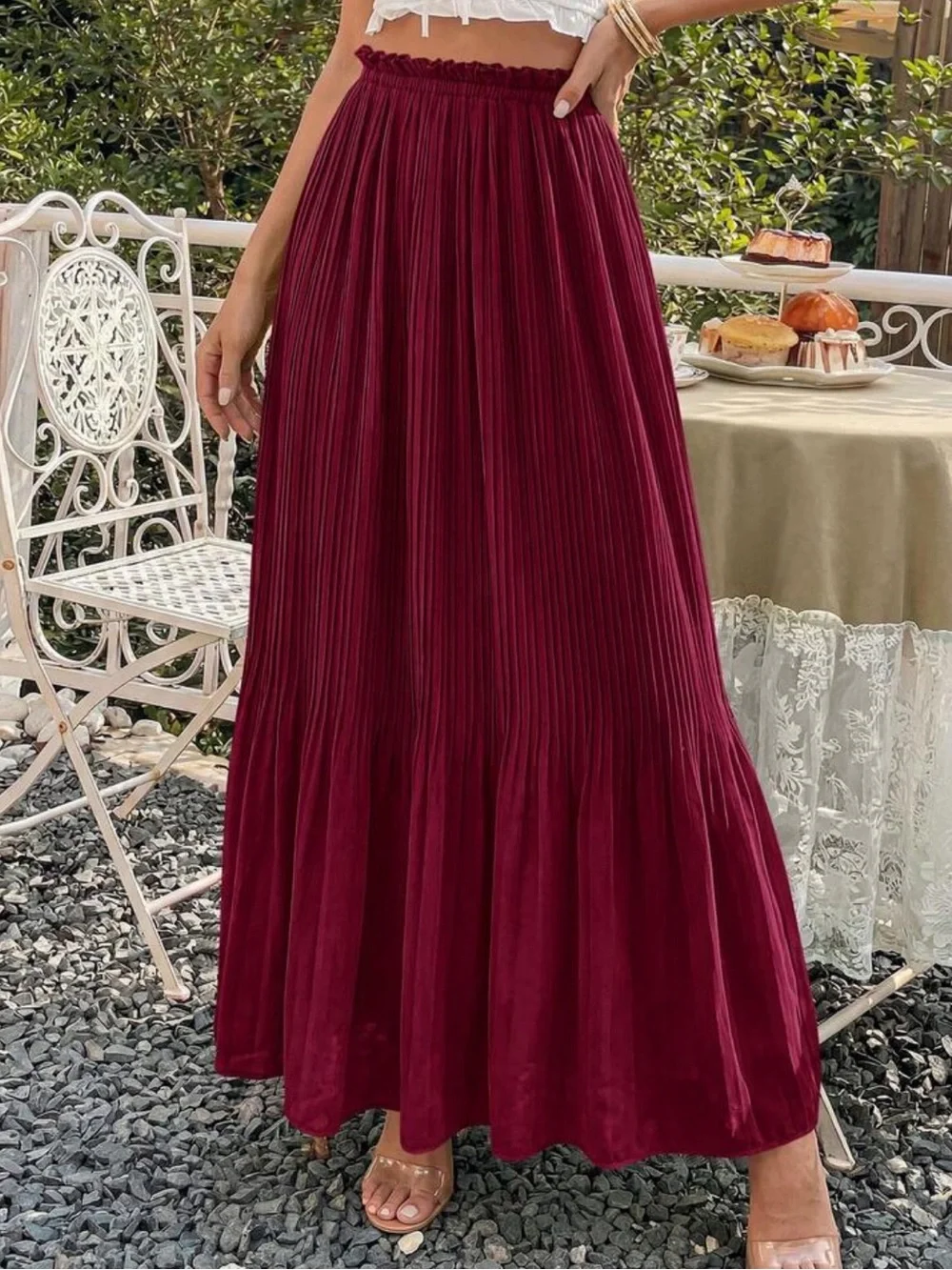 Pleated Burgundy Maxi Skirt - Elegant Women's Skirt